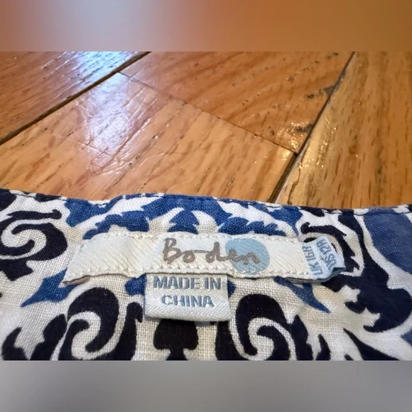 Boden 100% Linen Shift Dress Blue White Geometric Print 3/4 Sleeve Womens Sz 12R - Picture 5 of 13